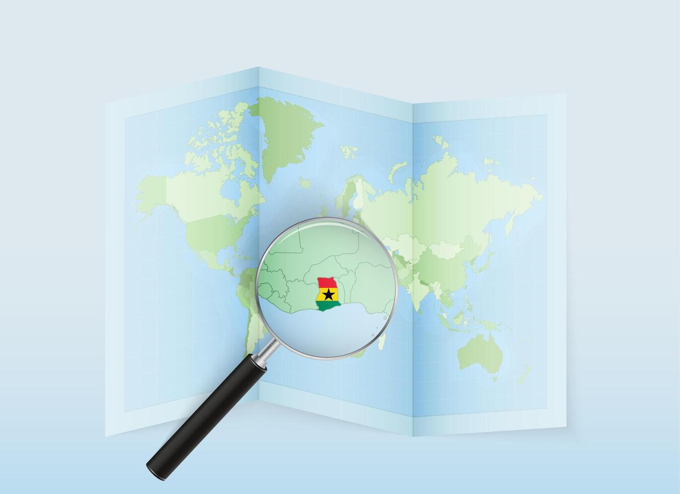 A folded world map with a magnifying lens pointing towards Ghana. Map and flag of Italy in loupe. vector