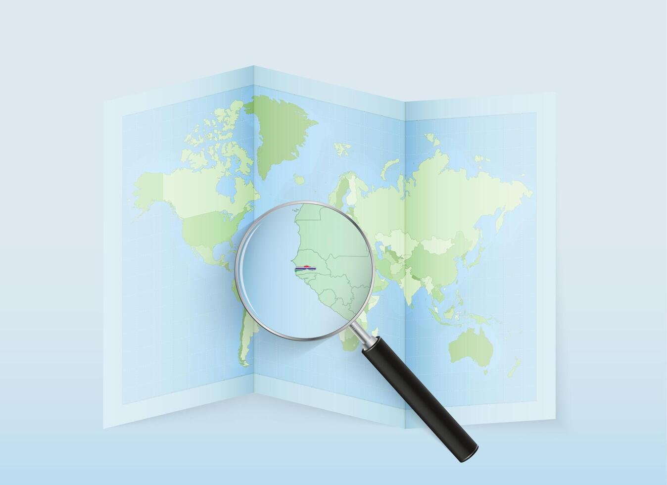 A folded world map with a magnifying lens pointing towards Gambia. Map and flag of Italy in loupe. vector
