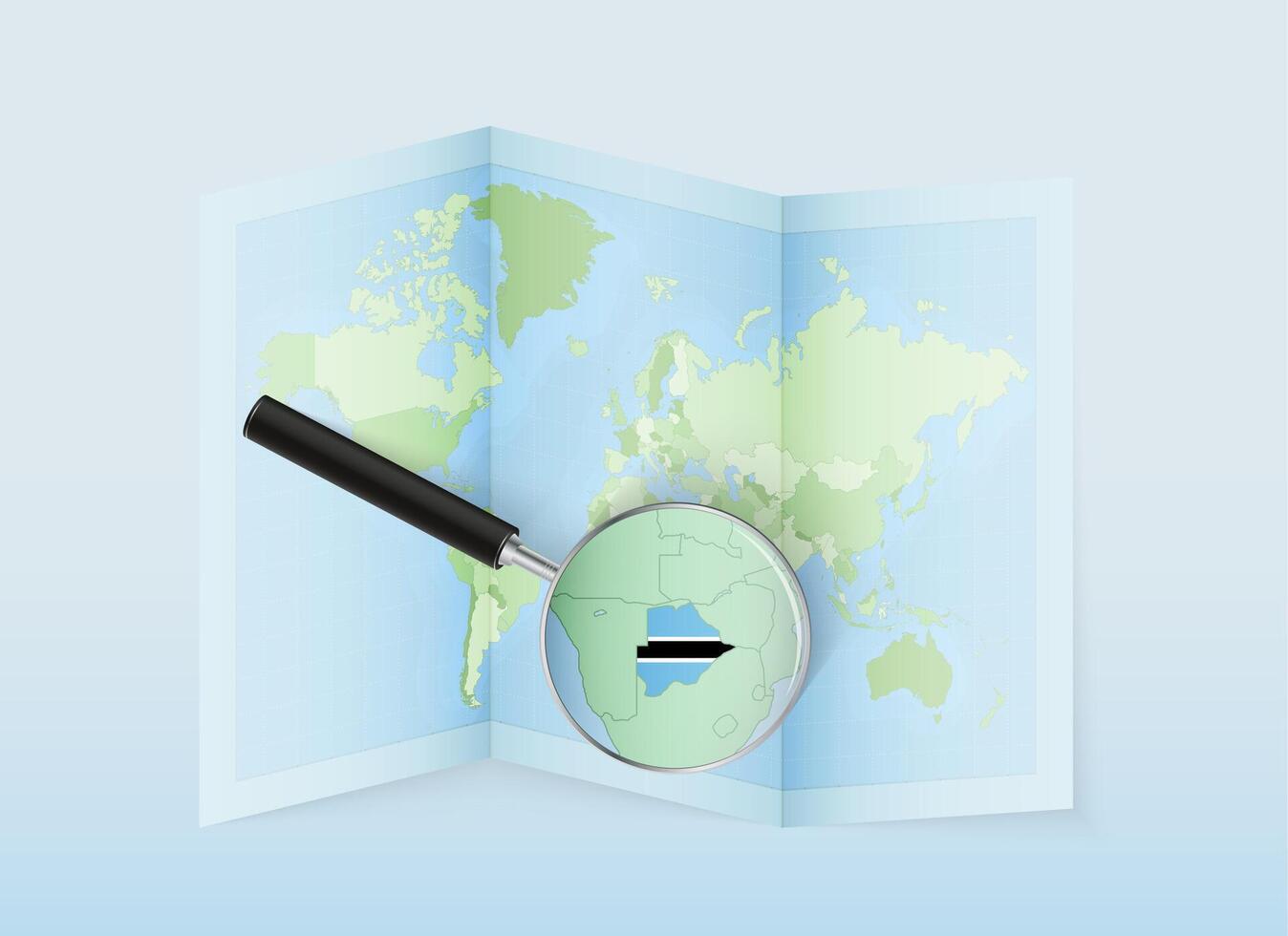 A folded world map with a magnifying lens pointing towards Botswana. Map and flag of Italy in loupe. vector