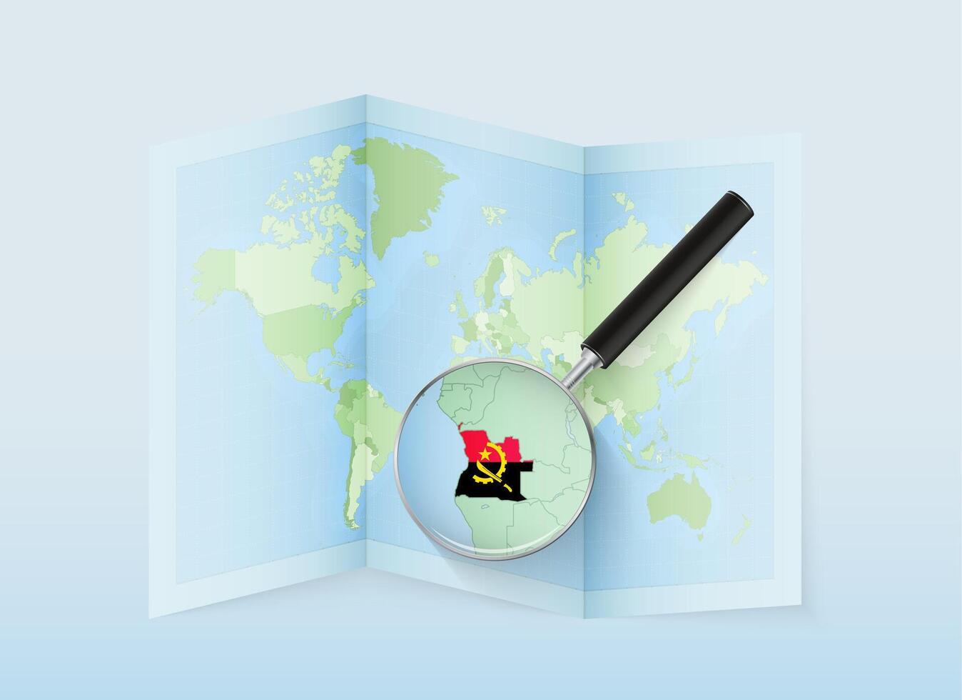 A folded world map with a magnifying lens pointing towards Angola. Map and flag of Italy in loupe. vector