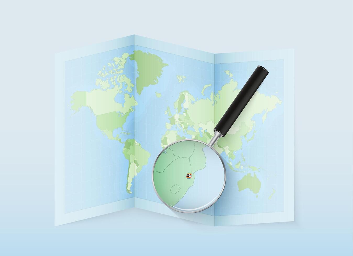 A folded world map with a magnifying lens pointing towards Swaziland. Map and flag of Italy in loupe. vector