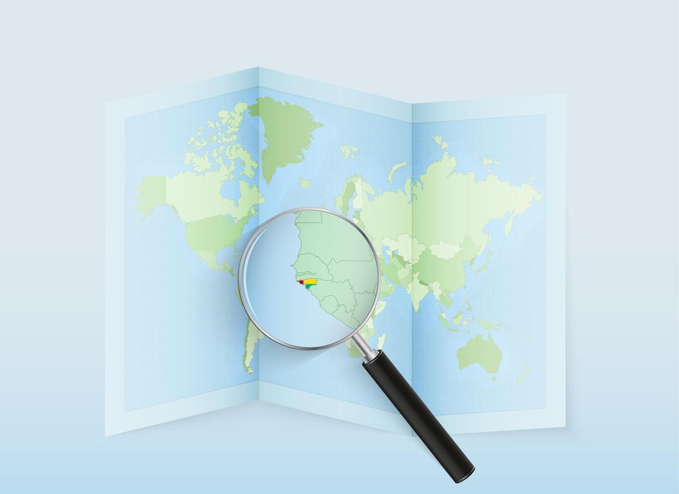 A folded world map with a magnifying lens pointing towards Guinea-Bissau. Map and flag of Italy in loupe. vector