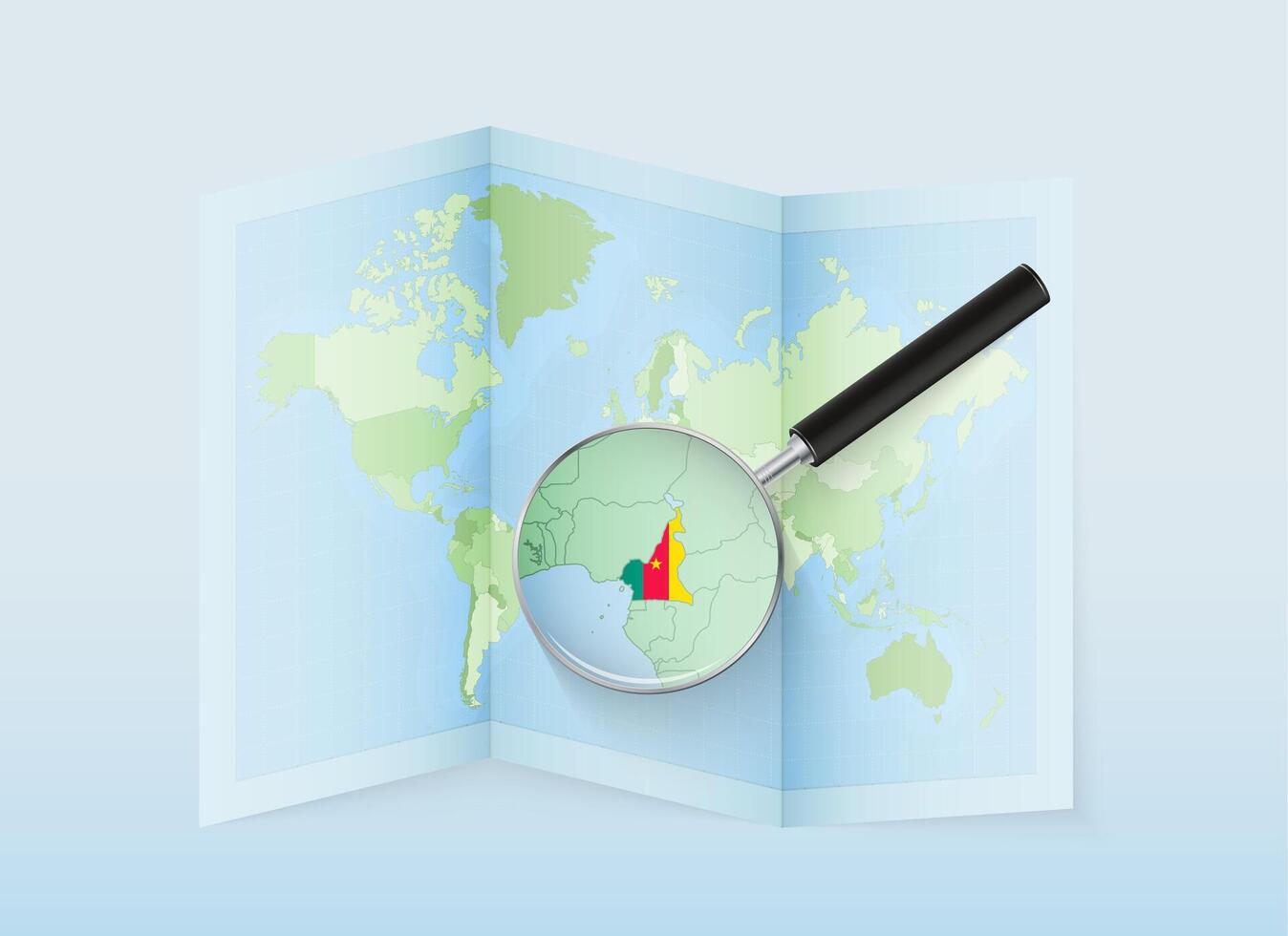 A folded world map with a magnifying lens pointing towards Cameroon. Map and flag of Italy in loupe. vector