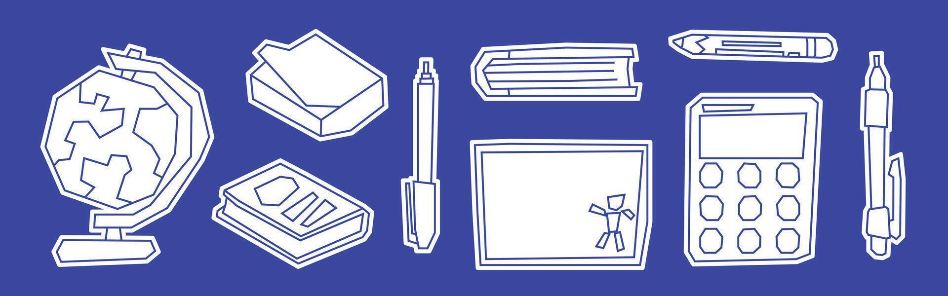 White Filled School Desk Essentials Elements Icon Set in Cutout Style vector