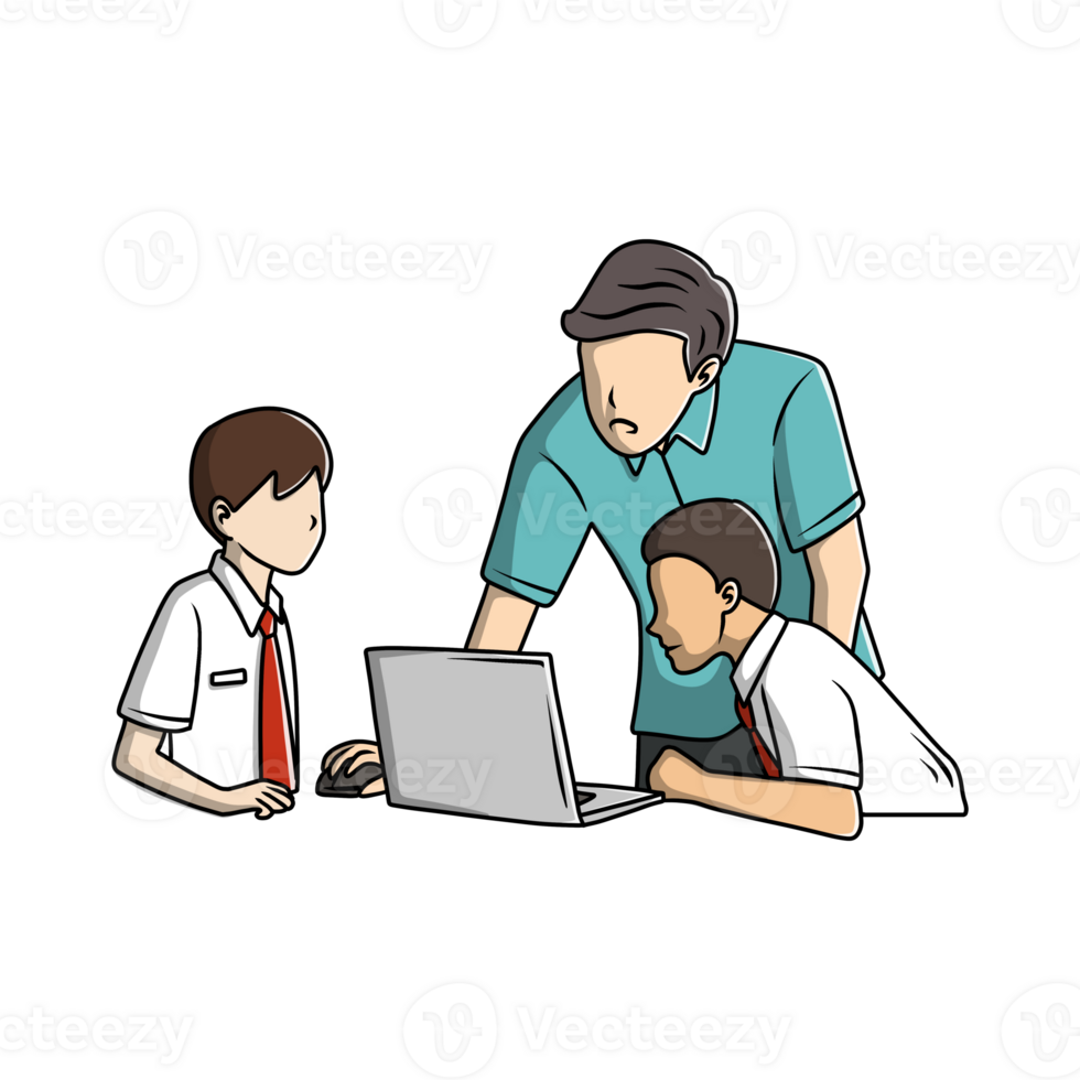 Teacher and Students Learning Together with a Laptop png