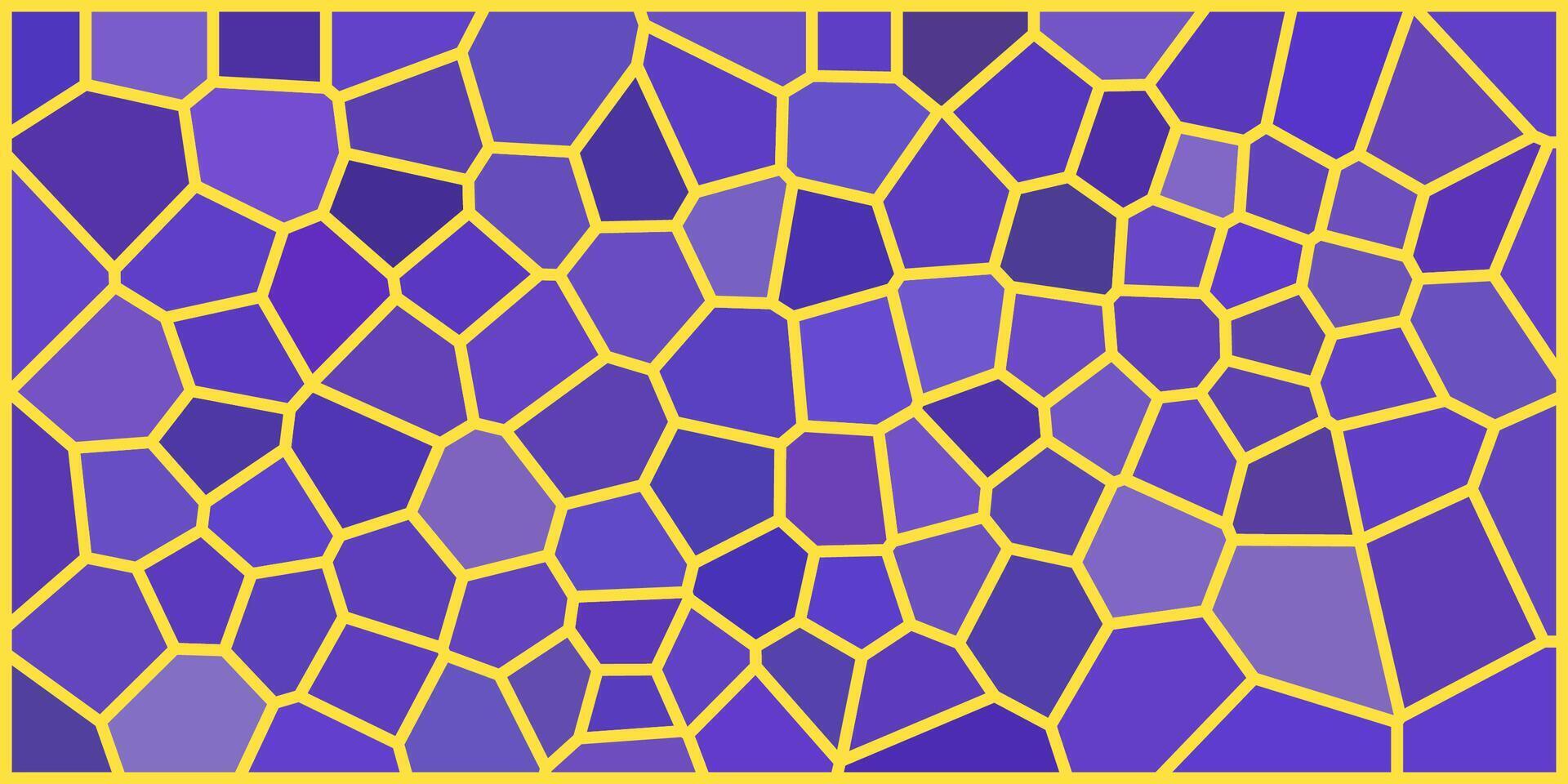 Abstract mosaic pattern with irregular purple tiles outlined in bright yellow, creating a dynamic, web-like design with varying shapes and shades of violet and blue. vector