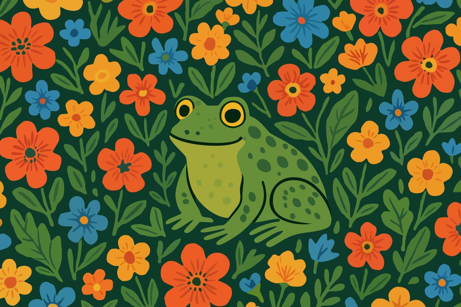Frog in flowers. Bright floral pattern vector