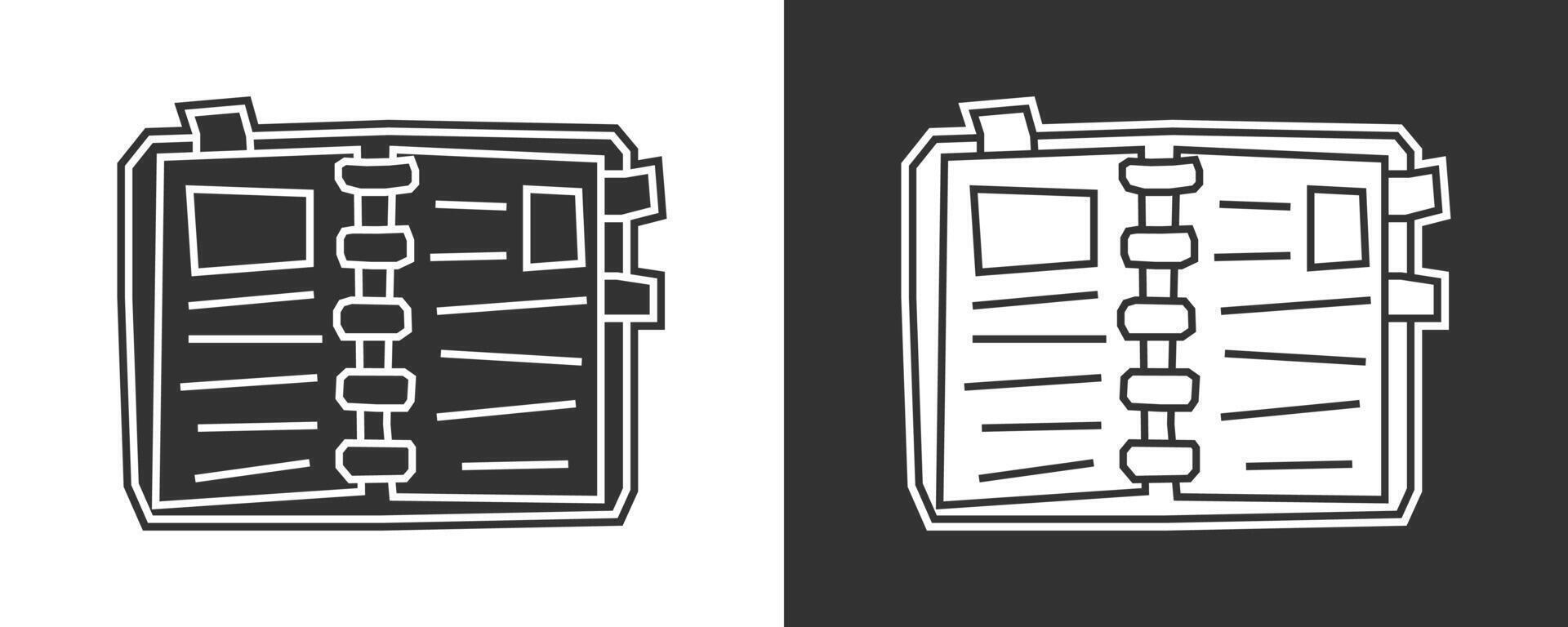 Minimal Notebook Icon in Black Filled and White Filled Cutout Style vector