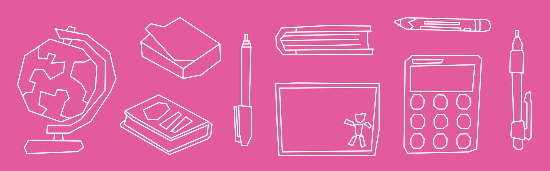 Minimal White Line School Desk Essentials Elements Icon Set in Cutout Style vector