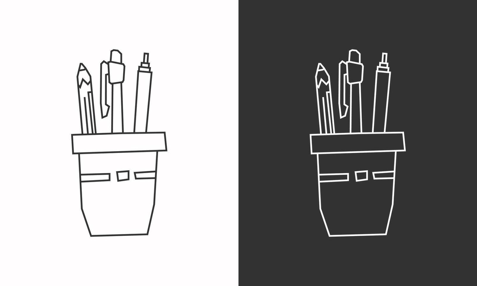 Pen Holder Icon in Black Line Art and White Line Art Cutout Style vector