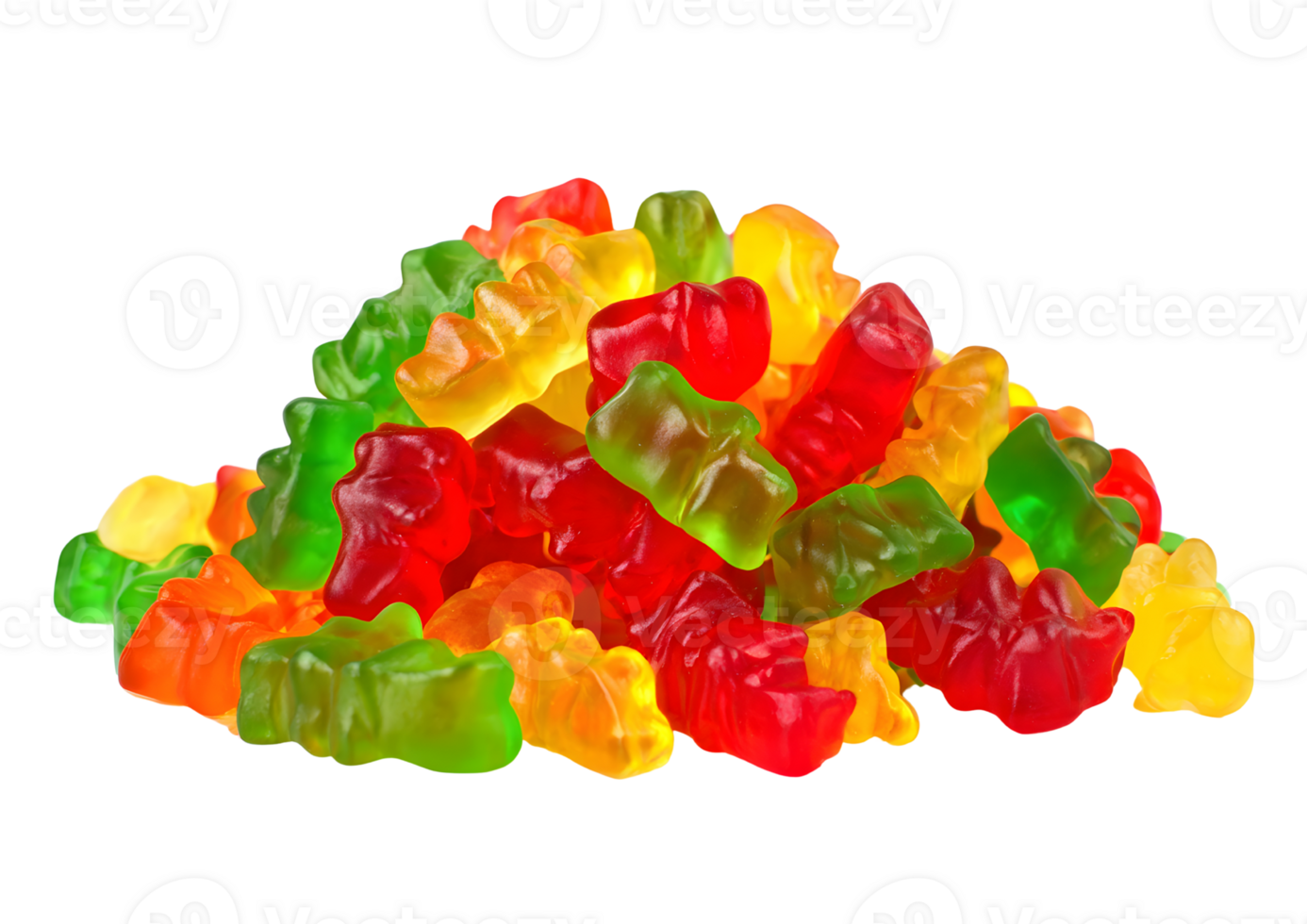 Assorted gummy bear candies in various colors against a transparent background. Perfect for celebrations. png