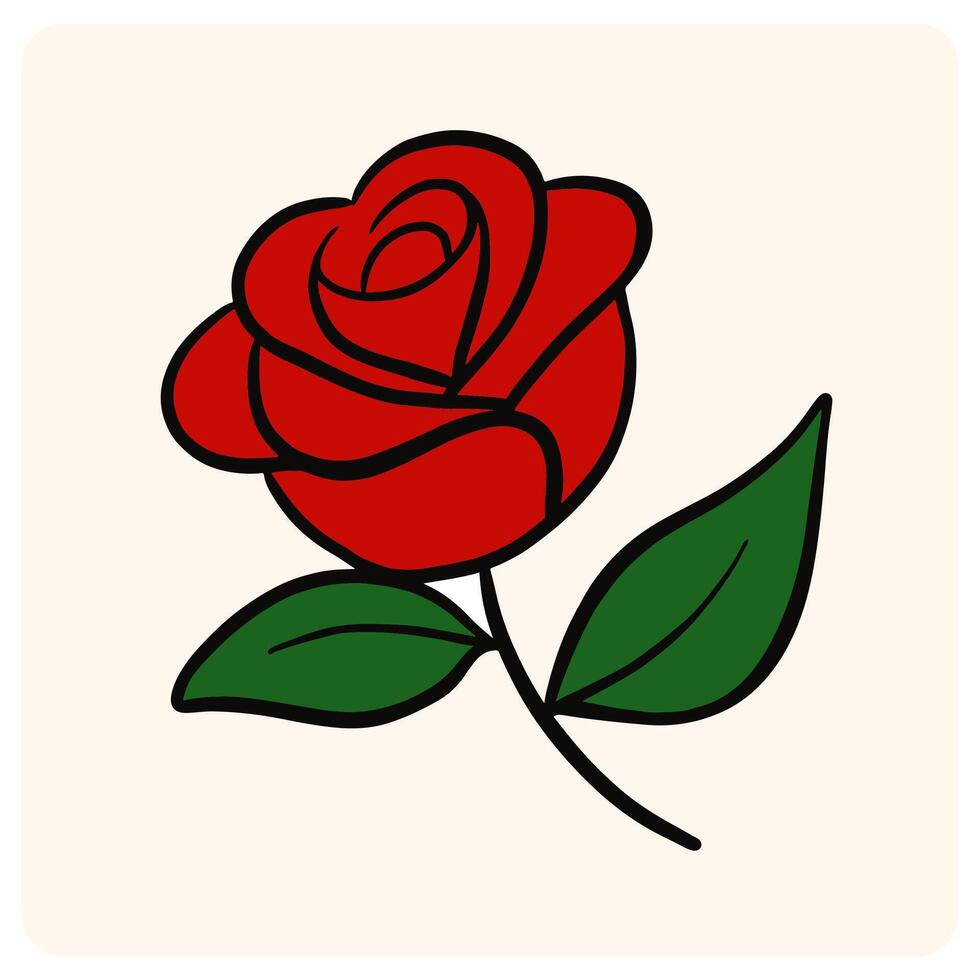 Classic Red Rose Cartoon Illustration with Green Leaves background cream vector