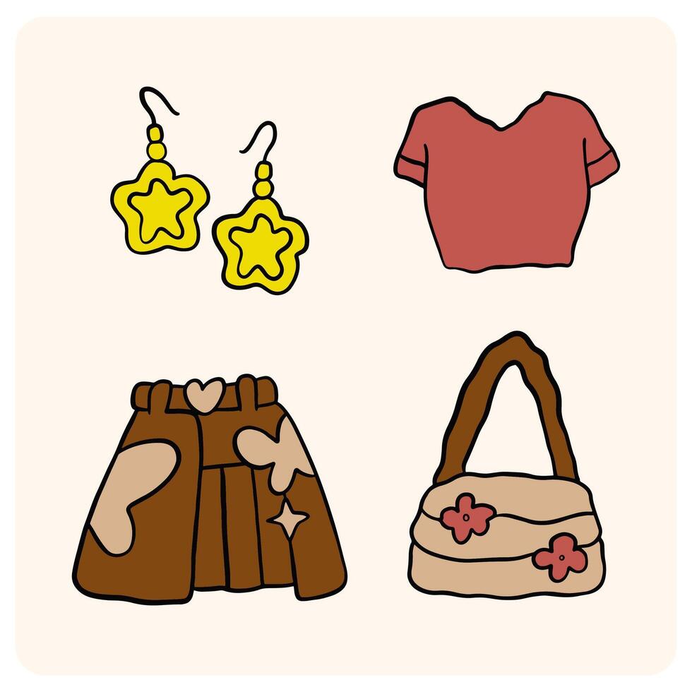 Cute Cartoon Girl's Fashion Outfit and Accessories Set with background cream vector