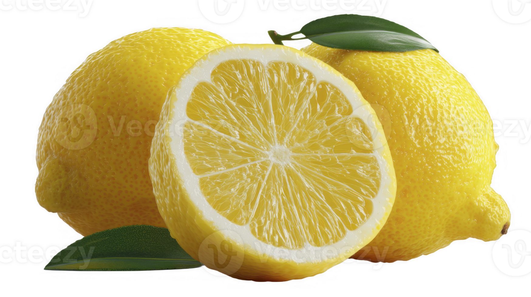 Fresh Bright Yellow Lemons with Green Leaves on Transparent Background png