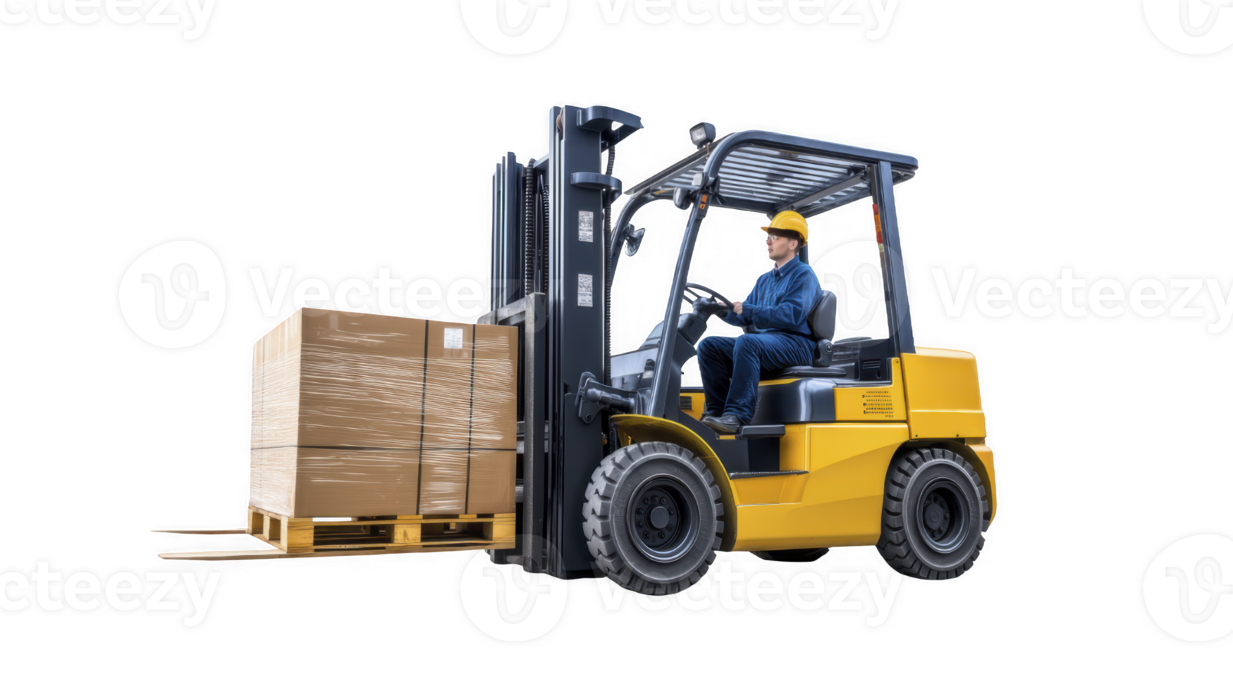 Forklift Operator Moving Stacked Pallets in Industrial Warehouse Environment png