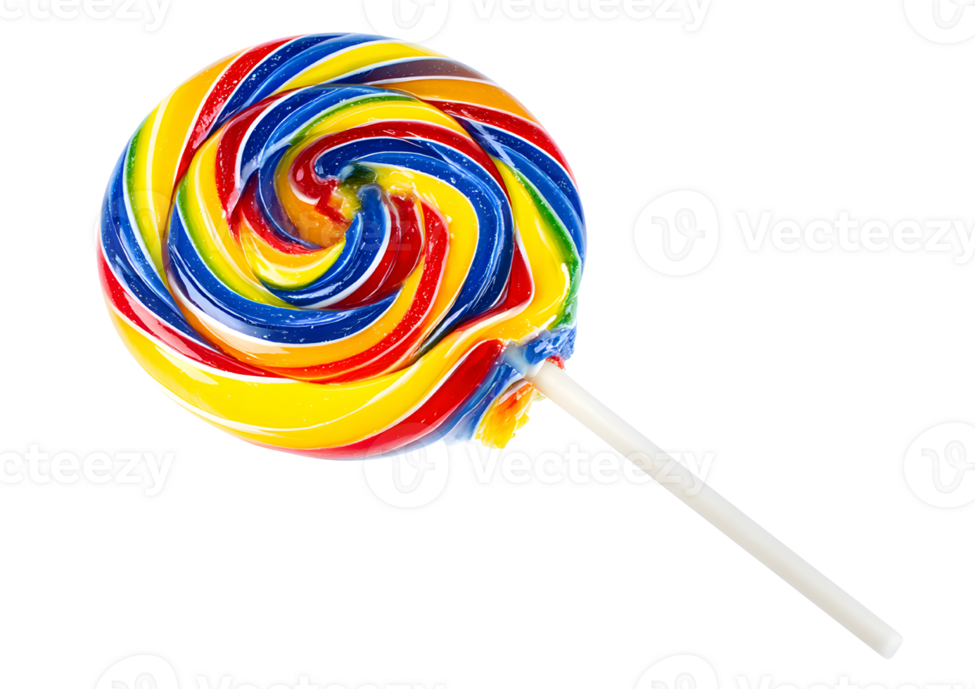 Colorful lollipop candy with swirled patterns on a stick against a transparent background. High quality image. png