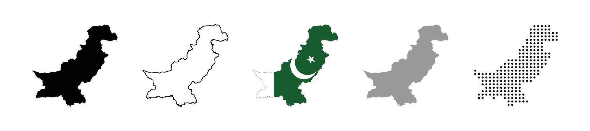Pakistan map with flag illustration. Different variations of national map of pakistan. Dotted and Grayscale map of pakistan. vector