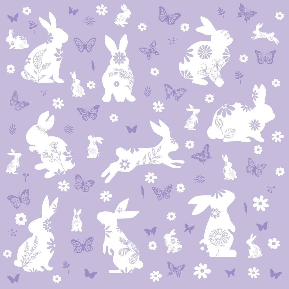 Set of cute white rabbit illustration. Adorable bunny with different poses, butterflies, flowers. Hand drawn design for decorative, card, kids. vector