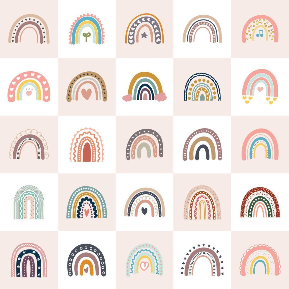 Colorful trendy rainbows illustrations. Doodle Rainbows collection. vector