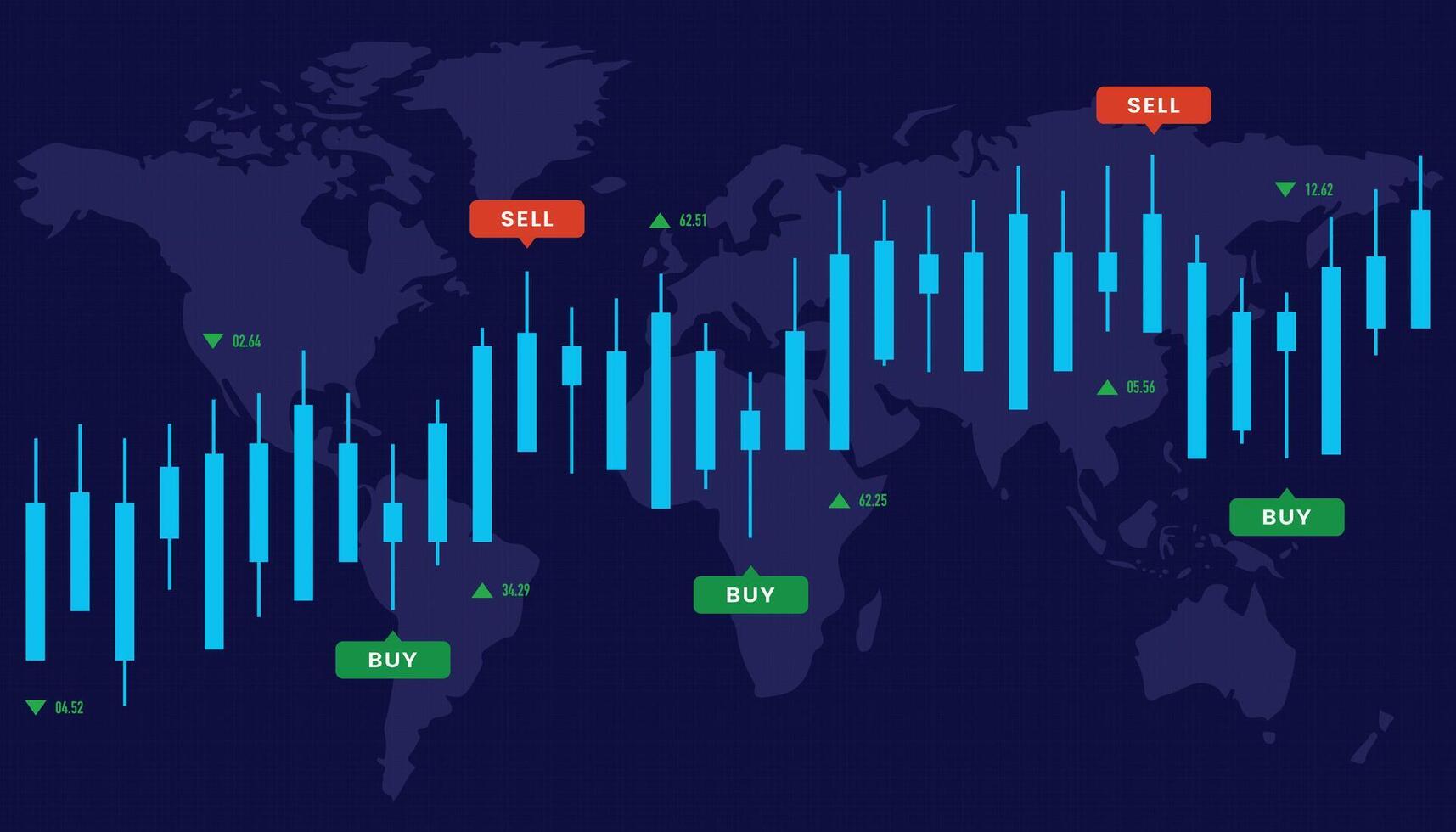 A global financial chart showing a world map in the background with stock market graph and data visualizations overlaid, indicating economic trends and performance vector
