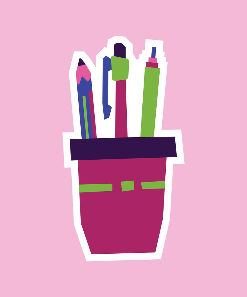 Colorful pen holder with writing tools vector
