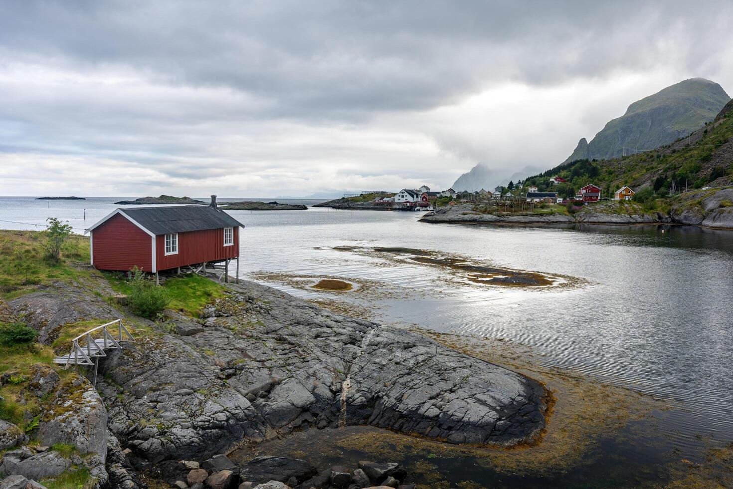 Panoramic view of A city with red houses, Lofoten Norway photo