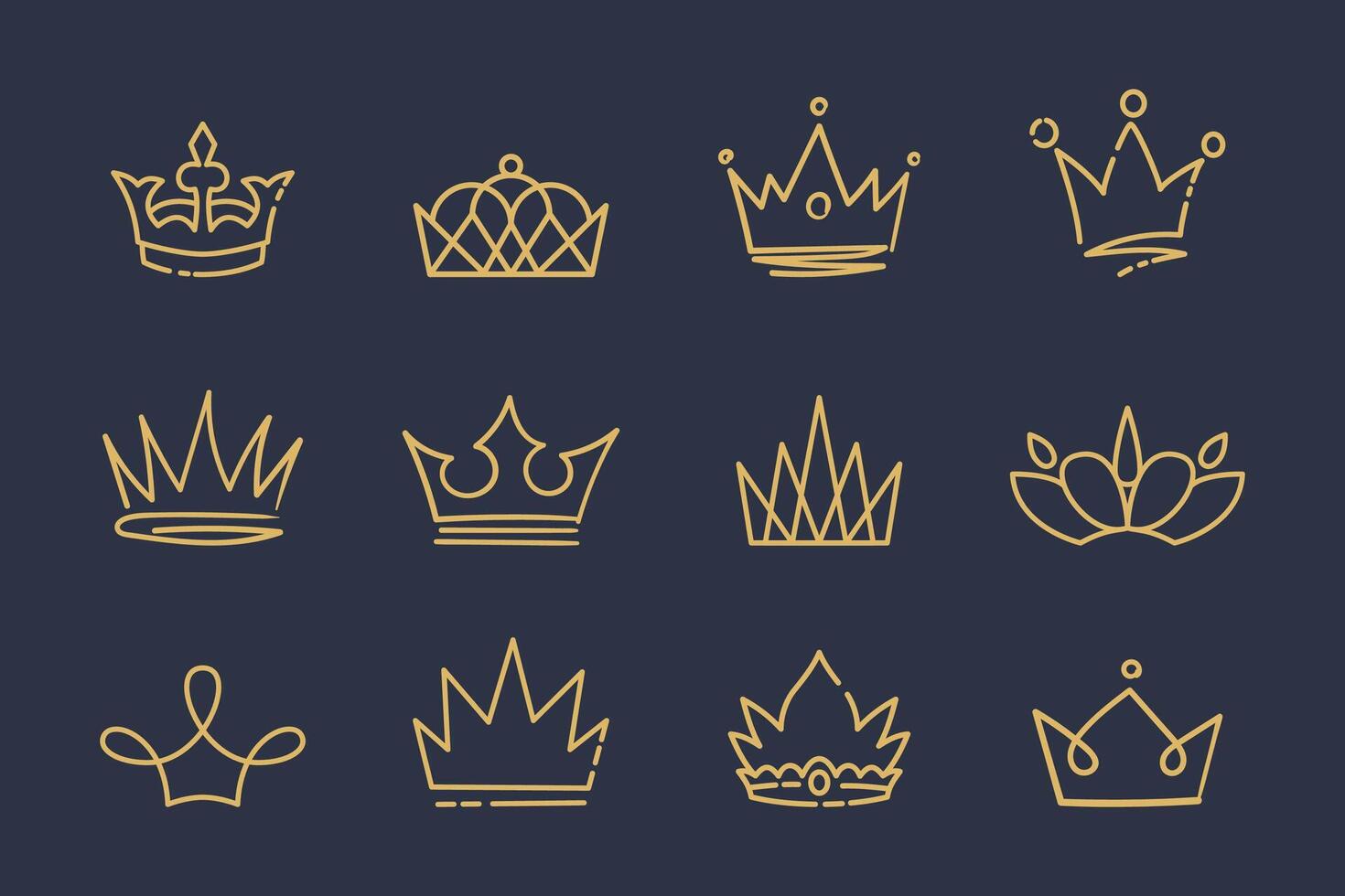 Line art prince and princess luxurious Crowns, Hand drawn crowns set. Gold crown sketch. Queen or king crowns. vector