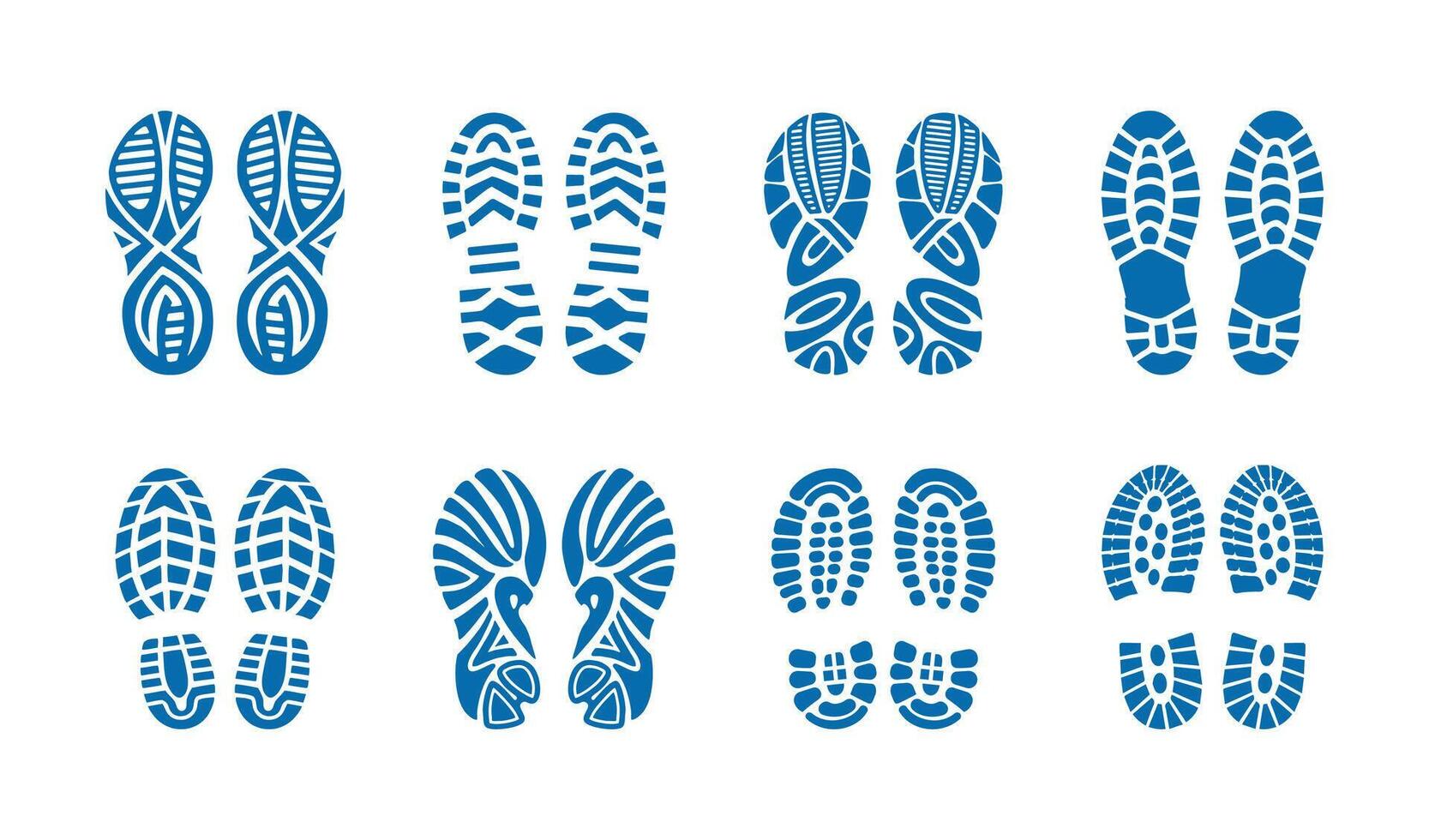 Shoe print set in blue color, featuring various sole patterns and footwear designs. vector