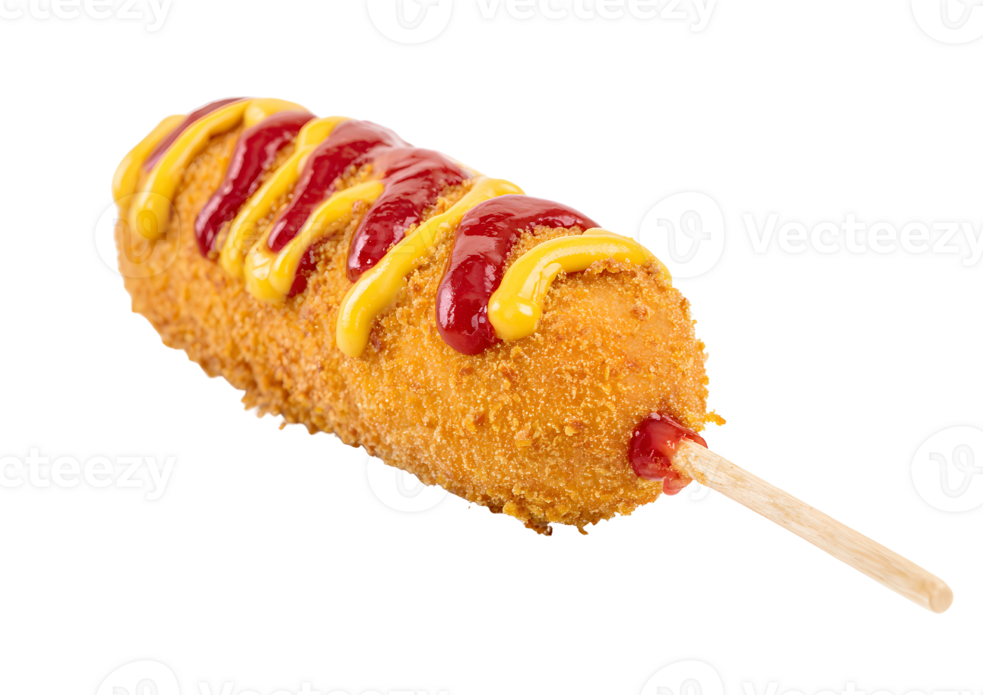 Crispy golden corndog served on a stick with mustard and ketchup on a transparent background. Perfect for snack illustrations in format. png