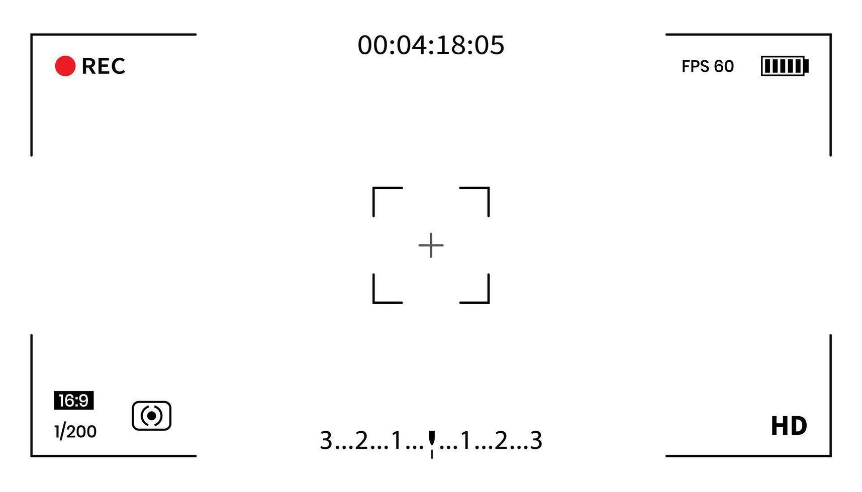 Camera recording screen template for overlay. Camera interface UI digital overlays with information indicators. Photo and camera viewfinder display screen frame. vector