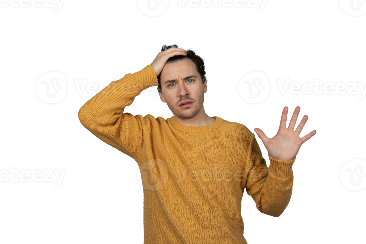 Surprised man expresses disbelief while wearing a cozy sweater against a transparent backdrop png