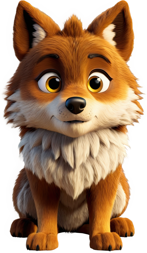 A charming cartoon fox with large eyes and soft fur sits and gazes with gentle expression. png