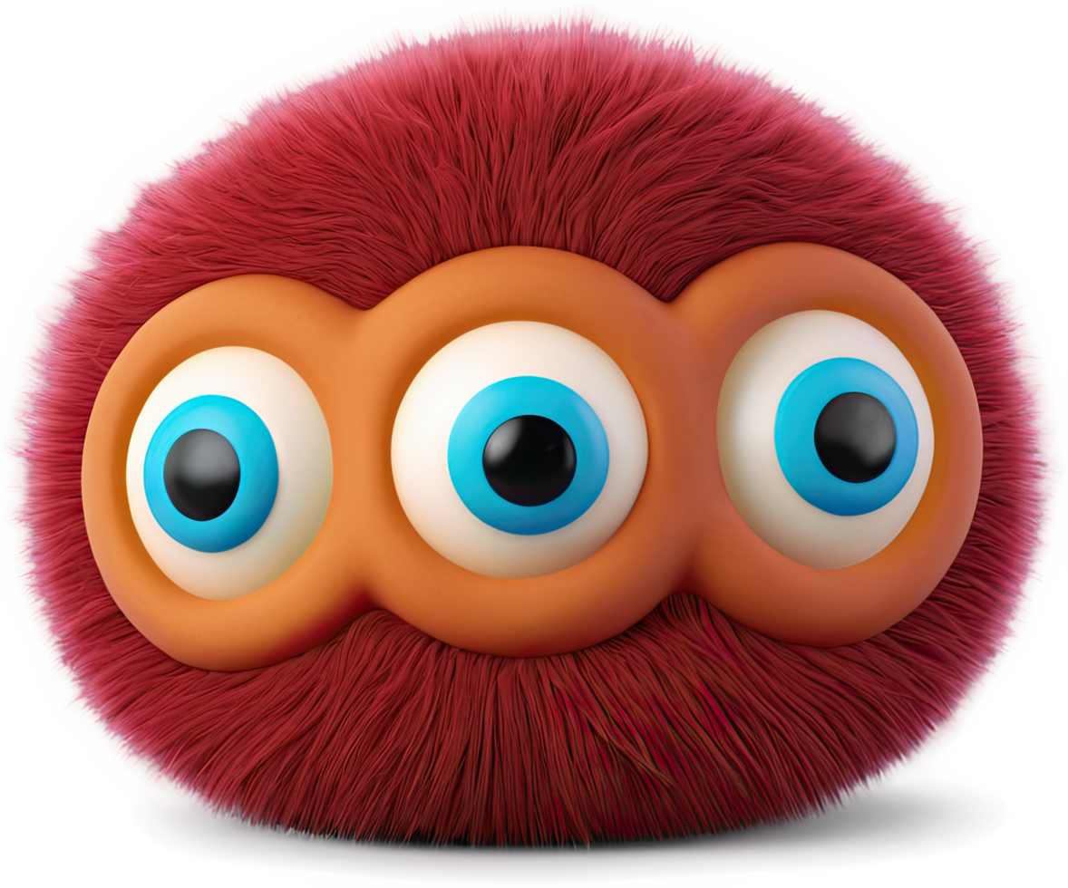 A quirky, fuzzy creature with three wide, inquisitive eyes stares playfully at the viewer, isolated. png
