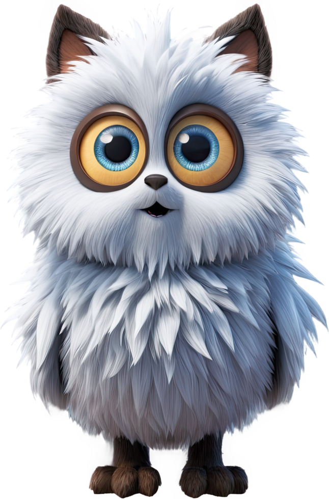 A fluffy, cartoonish owl creature with big blue eyes stares with a cute and captivating expression. png