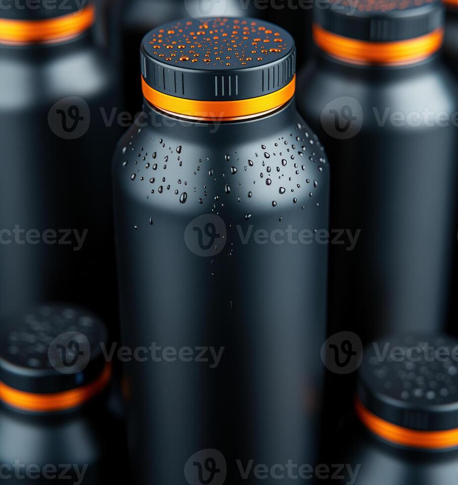 Refreshing condensation covers sleek, modern bright water bottle, emphasizing its cold contents photo