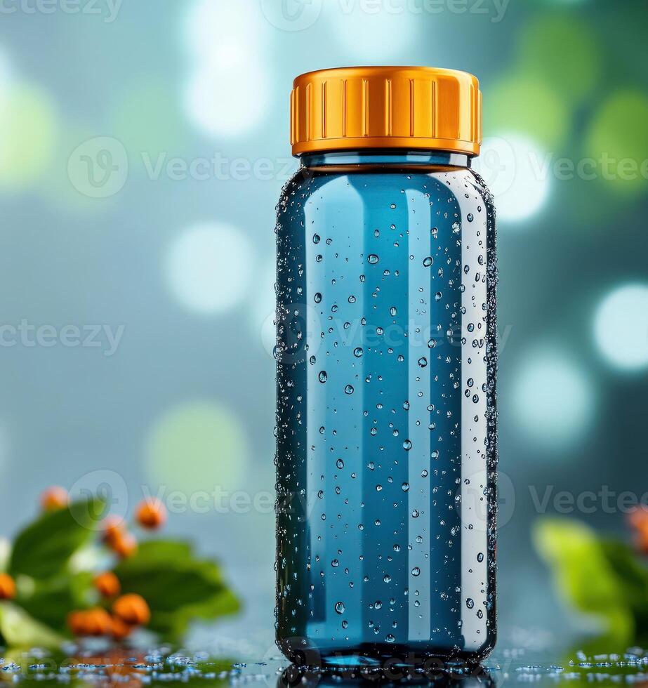 Water bottle covered in condensation with bright orange cap, berry and green leaves, copy space photo