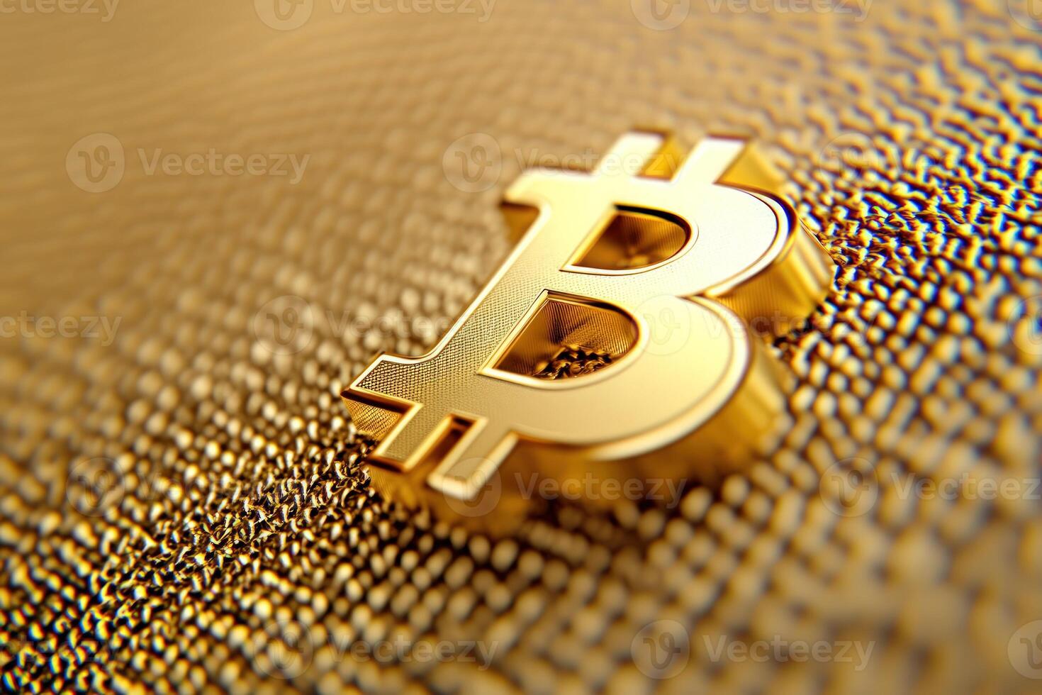 Bitcoin digital currency symbol is laying on textured golden background, copy space photo
