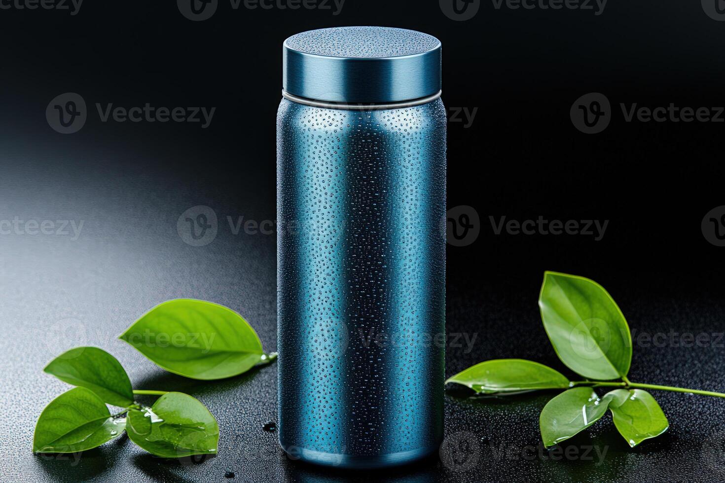 Blue sleek metallic water bottle covered in condensation on wet surface with green leaves photo