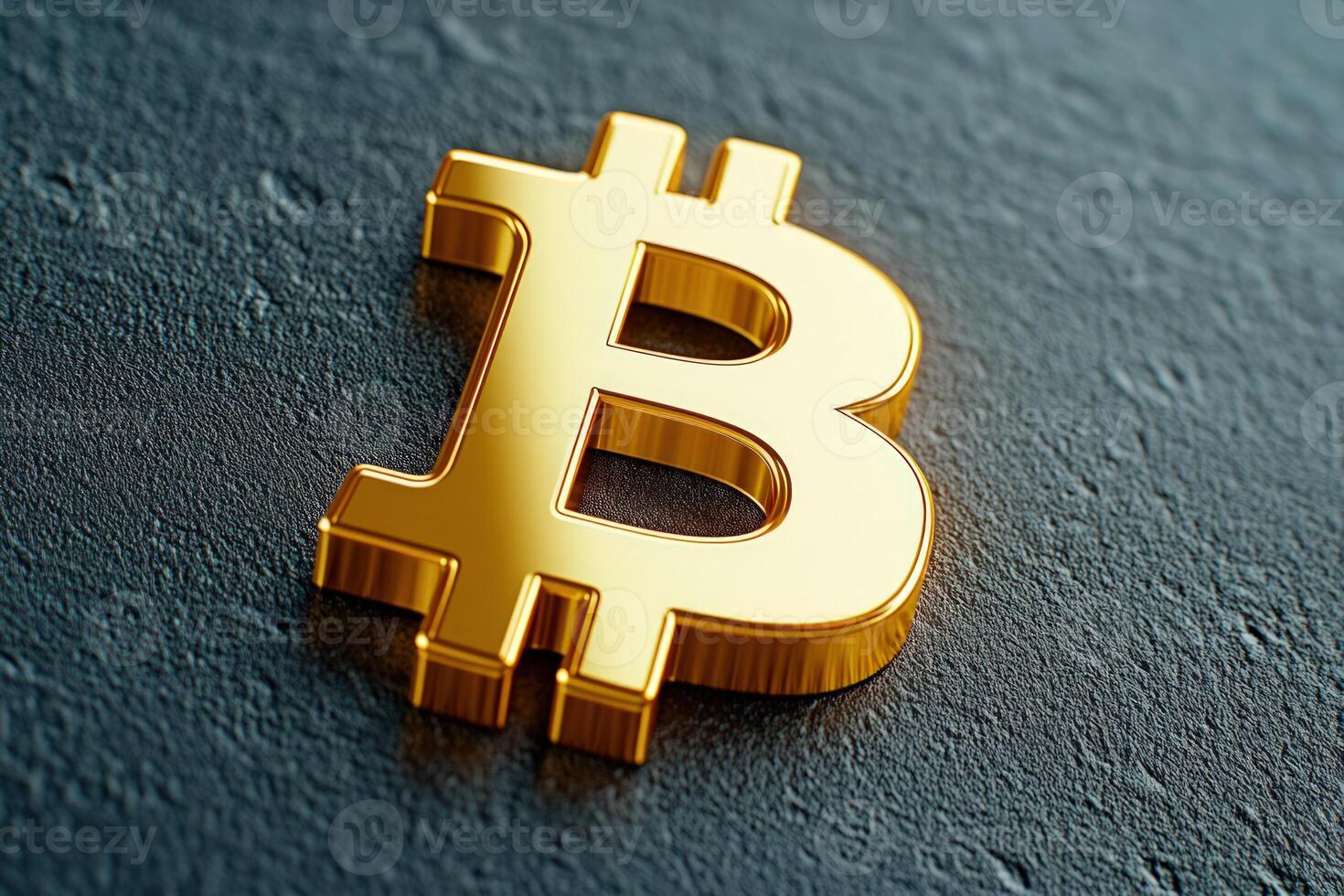 Gold bitcoin symbol lies on textured surface, representing cryptocurrency photo