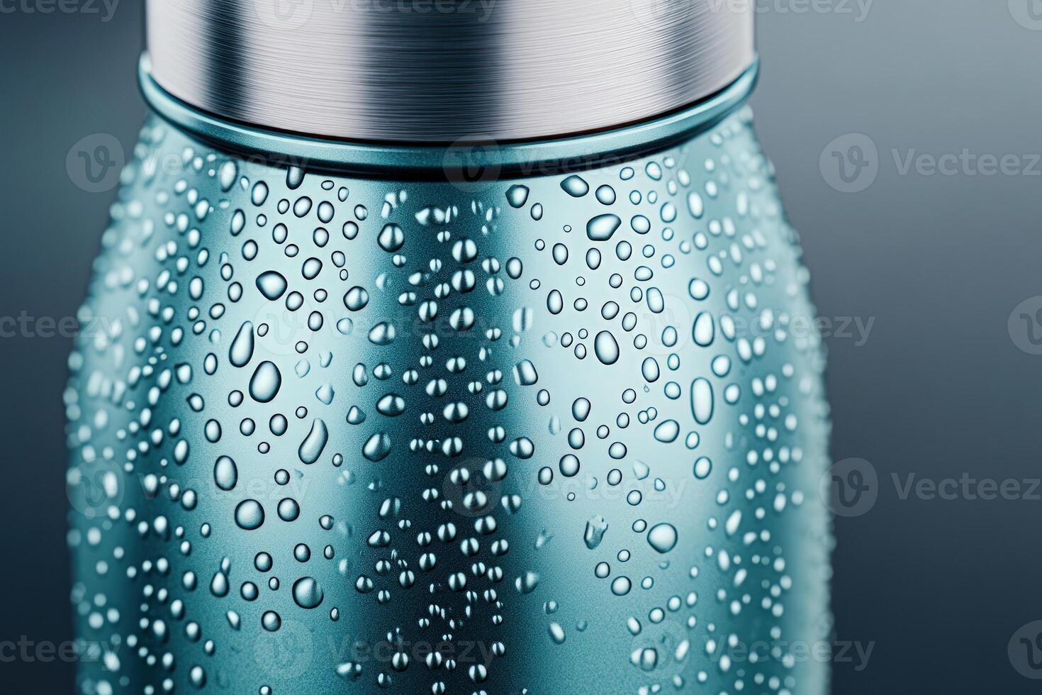 Blue sleek metallic water bottle covered in condensation on gray background, close up photo