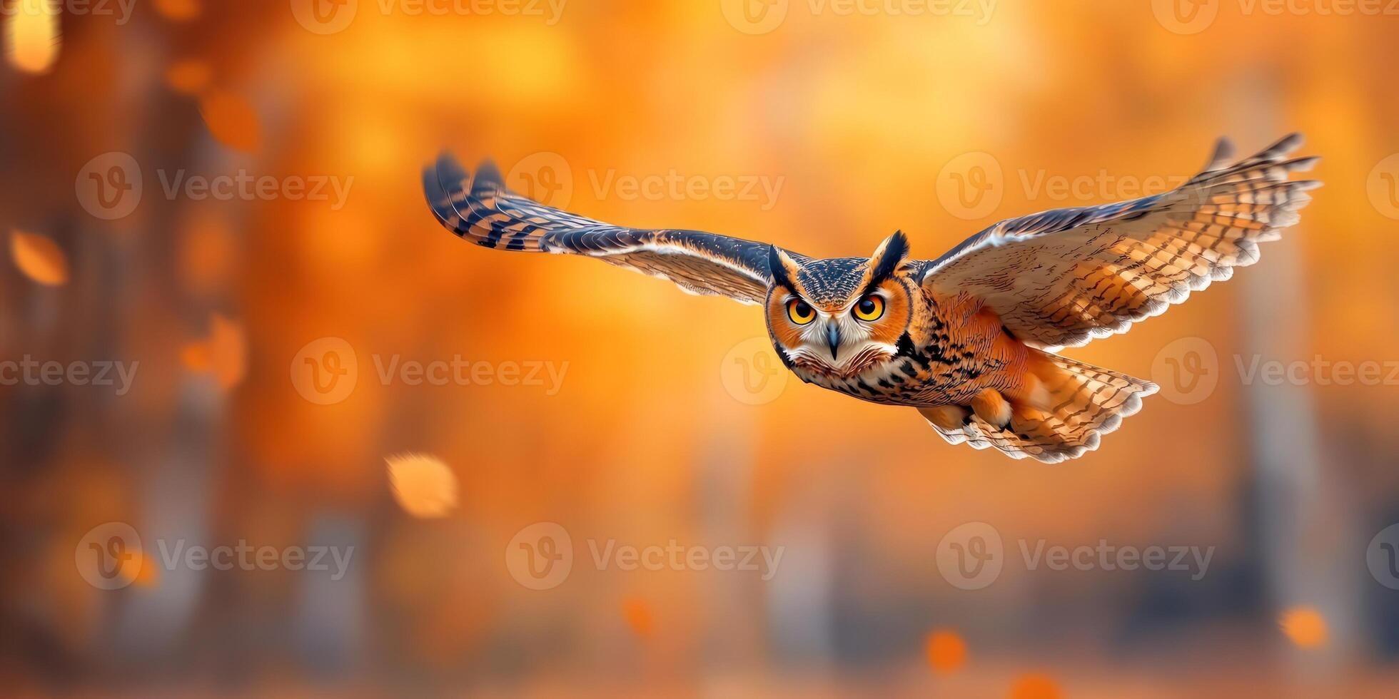 Great horned owl with large wingspan soaring through blurred autumn forest with falling leaves photo