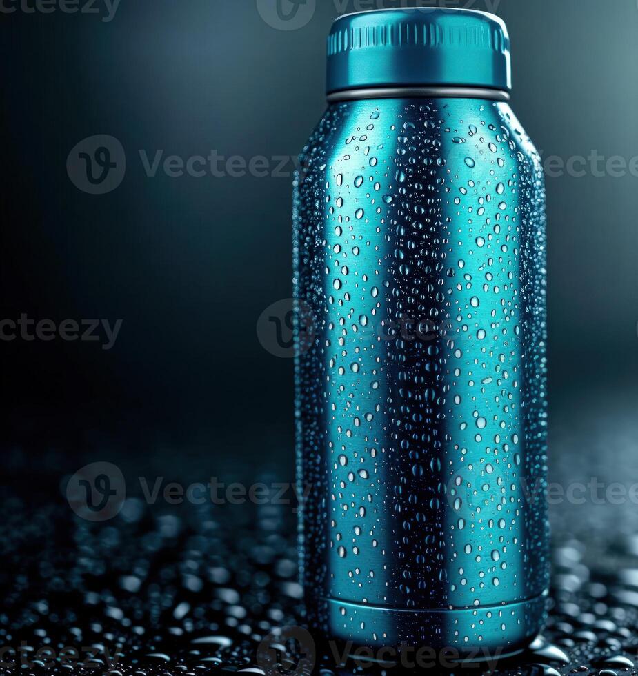 Blue sleek metallic bottle covered in condensation on wet surface, copy space photo