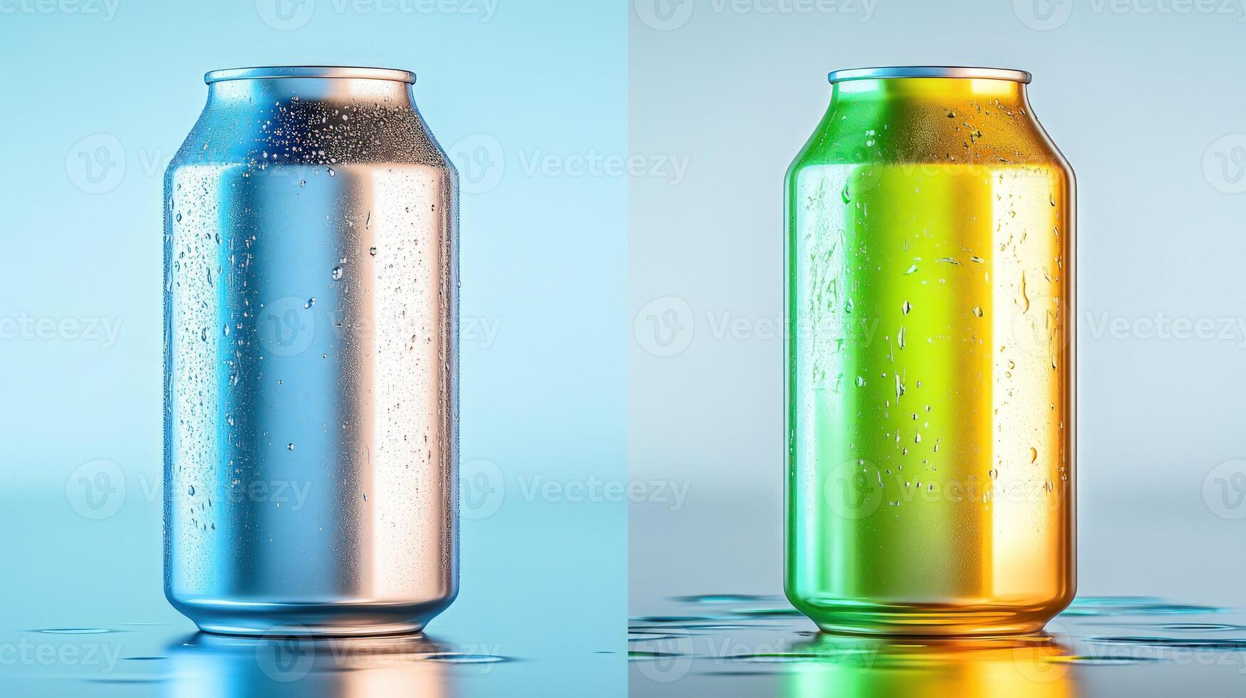 Two soda cans, one silver and one green and gold, stand on reflective surface with condensation droplets photo