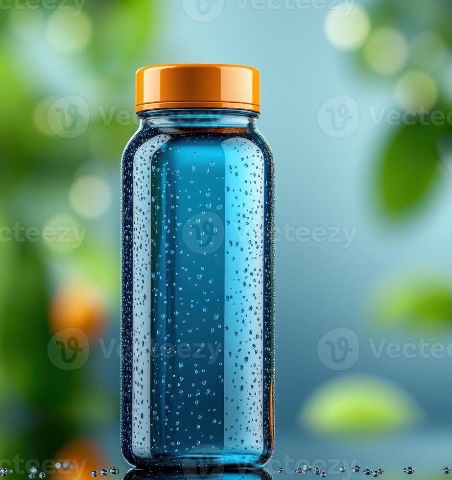Water bottle covered in condensation with orange cap, berry and green leaves, copy space photo