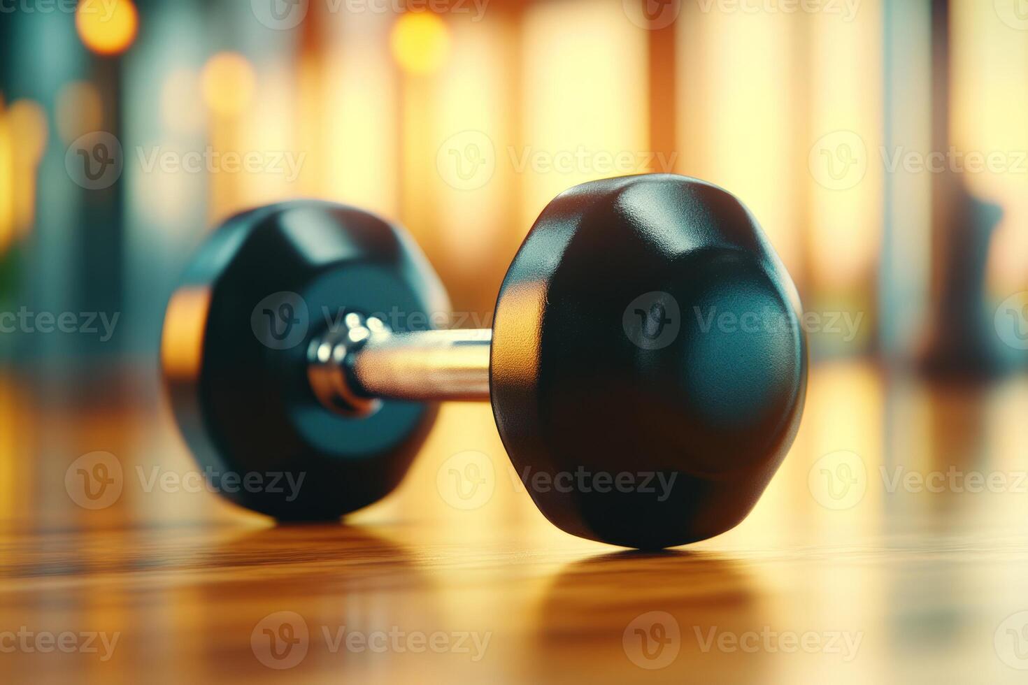 Single black dumbbell rests on polished wooden gym floor, reflecting warm light of setting sun photo