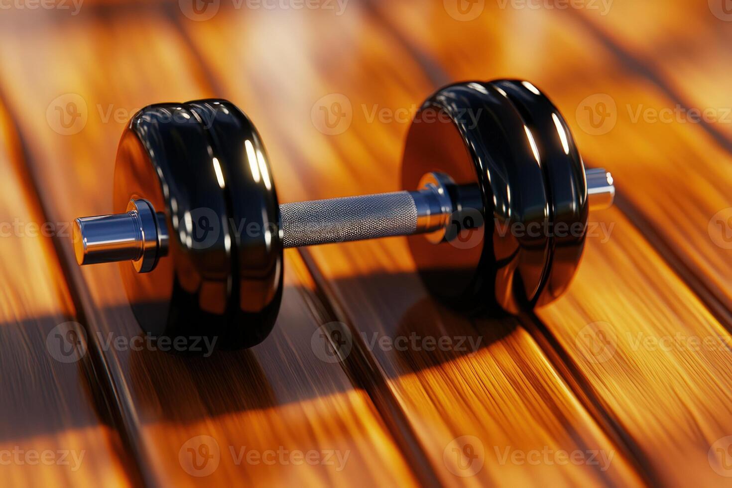 Single black dumbbell rests on polished wood gym floor, reflecting warm light of setting sun photo
