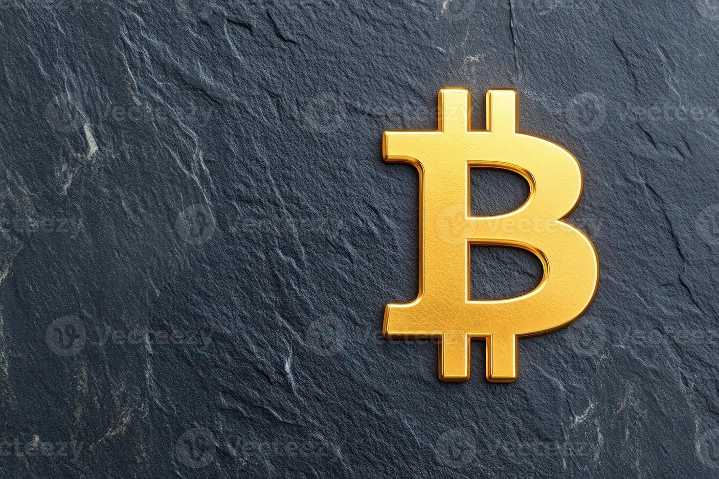 Displaying golden bitcoin symbol on dark stone background, copy space photo