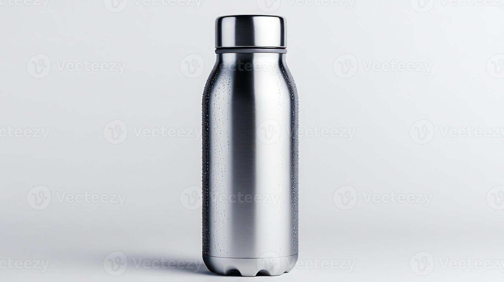 Studio shot featuring reusable steel water bottle adorned with condensation, copy space photo