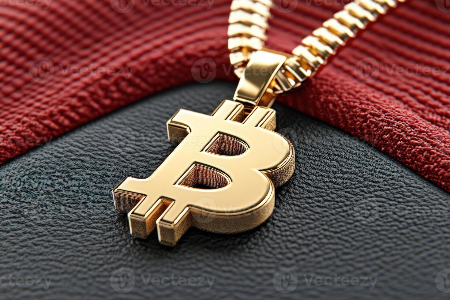 Golden bitcoin symbol pendant hangs on gold chain, resting on textured surface of dark and red material photo