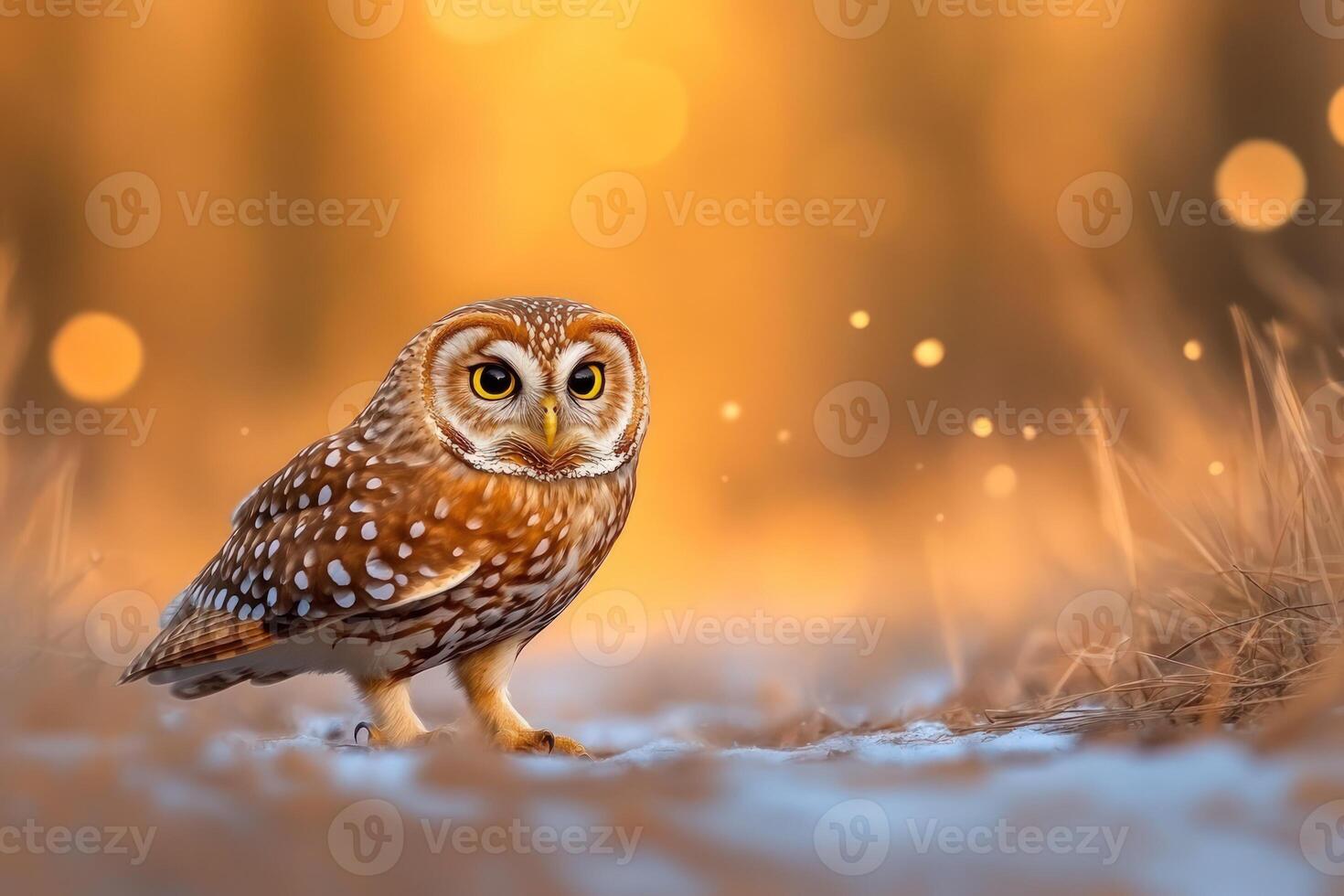 Small owl with yellow eyes is perched among grasses, illuminated by warm glow of setting sun photo